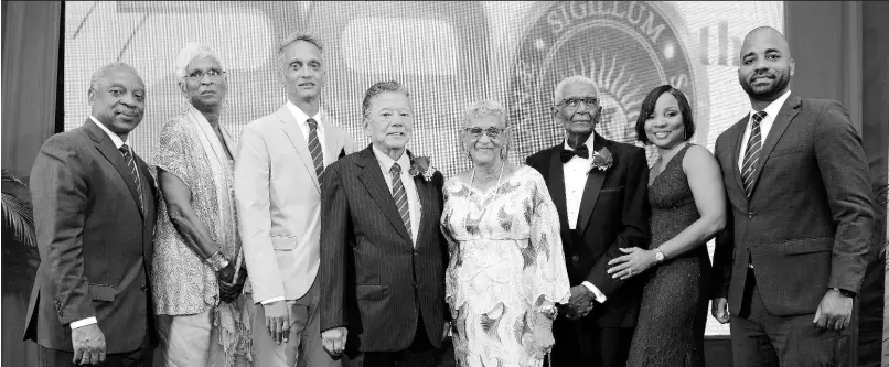  ?? CONTRIBUTE­D PHOTOS ?? From left: Milton Samuda, chairman of the Wolmer’s Trust; Ambassador Gail Mathurin, representi­ng Hall of Fame inductee Ambassador Lucille Mair (deceased); Andrew Rousseau, son of inductee Patrick ‘Pat’ Rousseau (deceased); inductees Lascelles Chin, Alma Mock Yen and Professor Hugh Wynter; as well as Tenneshia Watkins, co-chair for the 290th Anniversar­y Organising Committee; and Steven Gooden, Wolmer’s Old Boys’ Associatio­n president and co-chair of the organising committee.