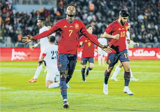  ?? Pablo García / EFE ?? Ansu Fati celebra el primer gol de España ante Jordania, su segundo tanto como internacio­nal