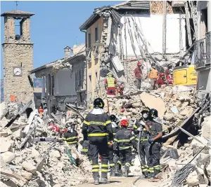  ?? Pictures: AP/PA. ?? Left: Rescuers work amid collapsed building in Amatrice. Top right: Marcos Burnett died in the quake. Above right: The main street in Amatrice.