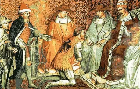  ??  ?? Un affresco raffiguran­te l’imperatore Enrico IV che nel gennaio 1077 a Canossa, in Emilia, implora dal Papa Gregorio VII la revoca della scomunica