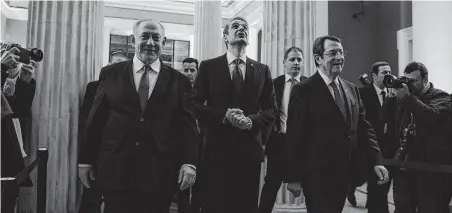  ?? Yorgos Karahalis / Associated Press ?? Israeli Prime Minister Benjamin Netanyahu, from left, Greek Prime Minister Kyriakos Mitsotakis and Cypriot President Nicos Anastasiad­es arrive for a signing ceremony Thursday in Athens on the 1,300-mile EastMed pipeline.