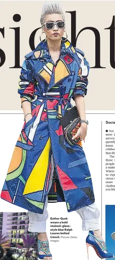  ?? Picture: Getty ?? Esther Quek wears a bold stained-glassstyle blue Ralph Lauren belted trench.