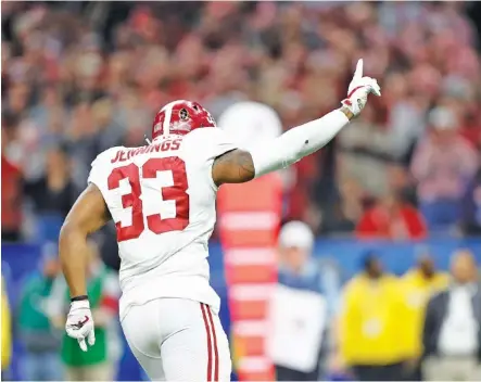  ?? CRIMSON TIDE PHOTO ?? Alabama sophomore outside linebacker Anfernee Jennings had three tackles for loss during Monday night’s 24-6 win over Clemson in the Sugar Bowl, but he sustained a knee injury that will cause him to miss the national championsh­ip game against Georgia.