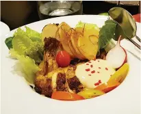  ??  ?? SALADE BELLE FERMIÈRE made with honey-smoked corn chicken breast cooked slowly in barbecue seasoning marries well with marinated pears.
