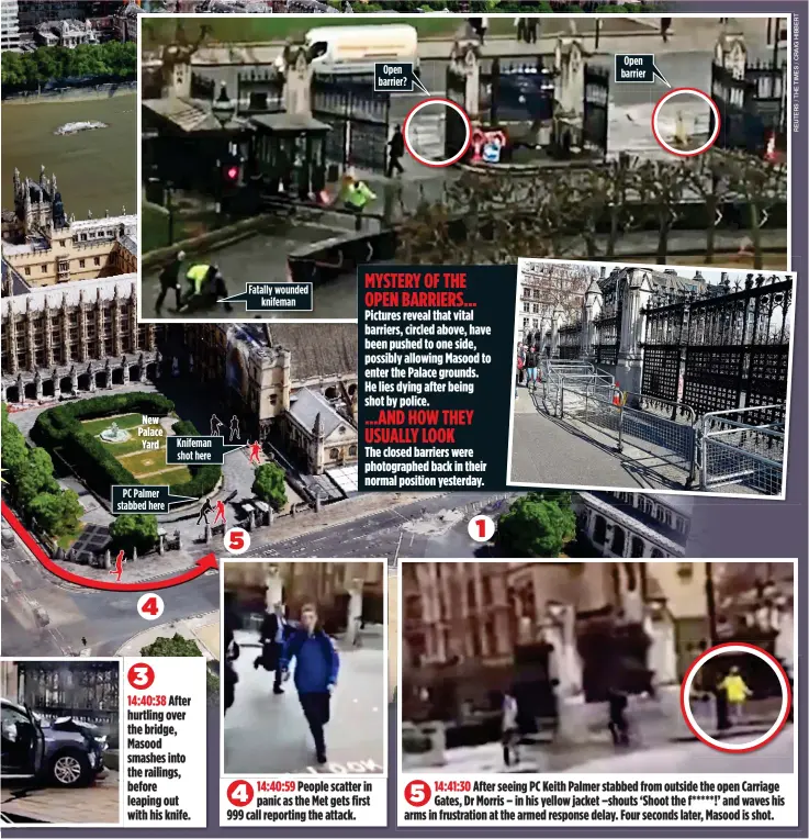  ??  ?? PC Palmer stabbed here 4 Knifeman shot here 5 Fatally wounded knifeman Open barrier? 1 Open barrier New Palace Yard
3
14:40:38 After hurtling over the bridge, Masood smashes into the railings, before leaping out with his knife. 14:40:59 People...