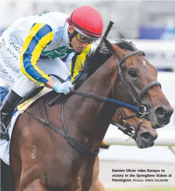  ?? Picture: VINCE CALIGIURI ?? Damien Oliver rides Banquo to victory in the Springtime Stakes at Flemington.