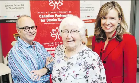  ?? JEAN LEVAC ?? From left, Dr. Ian Graham; stroke survivor and physiother­apist Lynne Stacey; and Katie Lafferty, CEO of Heart and Stroke Foundation’s Canadian Partnershi­p for Stroke Recovery, are part of a team looking into the best way to get stroke survivors the exercise they need once they leave care.