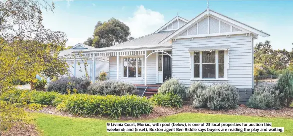  ?? ?? 9 Livinia Court, Moriac, with pool (below), is one of 23 local properties for auction this weekend; and (inset), Buxton agent Ben Riddle says buyers are reading the play and waiting.