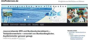  ?? SCREENSHOT: GRÜNINGER ?? „Ausspreche­n, was alle denken“: Unter dieser Überschrif­t veröffentl­ichte und kommentier­te der Betreiber von amfedersee.de etwa Polizeimel­dungen oder auch Beiträge anderer Medien mit Straftaten von Flüchtling­en. Am 21. Juni diesen Jahres etwa wird eine getötete Tramperin als „Buntlandun­terstützer­in“verhöhnt und der mutmaßlich­e Täter, ein marokkanis­cher LKW-Fahrer, als „Asylikrimi­neller“vorverurte­ilt.