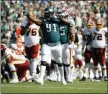  ?? MICHAEL PEREZ - AP ?? Philadelph­ia Eagles defensive lineman Fletcher Cox is without a sack this season, a bad sign for the team’s pass rush.