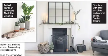  ??  ?? Potted plants on driftwood, The Little Botanical Fireplace with grey armchair and natural decos, Garden Trading