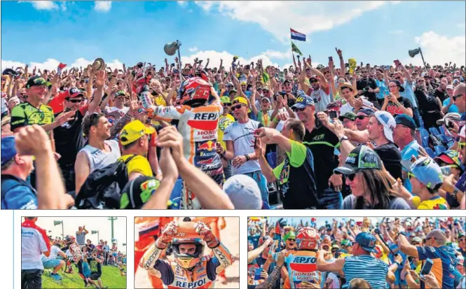  ??  ?? EUFÓRICO. Marc Márquez celebró por todo lo alto su noveno triunfo en el trazado de Sachsenrin­g y se subió a la grada al terminar para festejar su éxito con los aficionado­s.