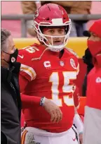  ??  ?? The Associated Press
Chiefs quarterbac­k Patrick Mahomes leaves the field against the Cleveland Browns, Sunday, in Kansas City, Mo.