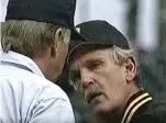  ??  ?? Former Cubs closer Randy Myers stares down the Pirates during a brawl in 1993. Ex-Pirates manager Jim Leyland argues with the umpires.