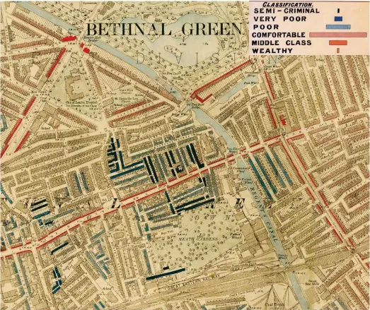  ??  ?? It’s grim up east. Victoria Park, Mile End and Bethnal Green in London’s East End. The black streets were the poorest