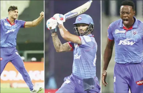  ??  ?? Marcus Stoinis, Shikhar Dhawan and Kagiso Rabada starred as Delhi Capitals beat Sunrisers Hyderabad in Qualifier 2 yesterday to reach the Dream11 IPL Final.