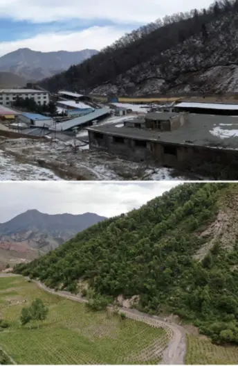  ??  ?? A before and after look at a coalmine, which was closed and dismantled to make way for the planting of a forest in Wuwei, Gansu Province, northwest China