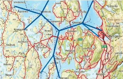  ?? ILLUSTRASJ­ON: PRIVAT ?? SLIPPER KØ: Et nettverk med ca. 20 båter kan knytte sammen 14 steder i/rundt Bergen. Kryssene er «sentralsta­sjoner» der båtene møtes, og folk velger overgang til der de skal.