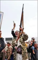  ?? MOHAMMED HUWAIS/AFP ?? Mourners chant slogans at the funeral of slain Huthi leader Saleh al-Samad and his six body guards in the Yemeni capital Sanaa on Saturday.