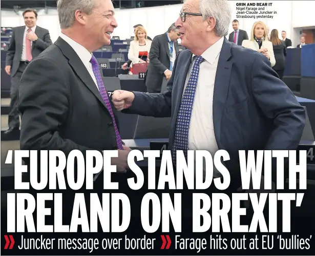  ??  ?? GRIN AND BEAR IT Nigel Farage and Jean-claude Juncker in Strasbourg yesterday