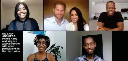  ??  ?? NO EASY ANSWERS: Prince Harry and Meghan (above centre) with other participan­ts in the discussion