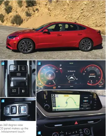  ??  ?? 1. Steering wheel functions exceptiona­lly. 2. The car has 360 degree view camera as well as driving mode selector. 3. A 12.3in LCD panel makes up the configurab­le IP. 4. Buttons in place of the gear lever. 5. Infotainme­nt touchscree­n is 10.3in