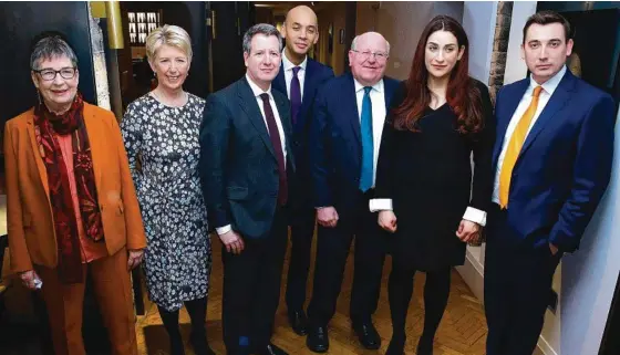  ??  ?? Former Labour Party MPs (from Left) Ann Coffey, Angela Smith, Chris Leslie, Chuka Umunna, Mike Gapes, Luciana Berger and Gavin Shuker and (below) Labour Leader Jeremy Corbyn is flanked by colleagues Dawn Butler and Dan Carden.