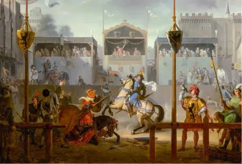  ?? ?? Le Tournoi, de Pierre Révoil (1776-1842), en 1812.
Le tableau met en scène Bertrand du Guesclin, combattant brillammen­t à un tournoi auquel son père lui avait interdit de participer, à Rennes en 1337.
