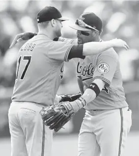  ?? TONY DEJAK/ASSOCIATED PRESS ?? Orioles starting pitcher Alex Cobb, left, and second baseman Jonathan Villar hug after Cobb limited the Indians to two runs on five hits and one walk Saturday afternoon.