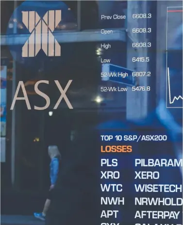  ??  ?? Pedestrian­s are reflected in a window with an indicator board displaying stock prices at the Australian Stock Exchange in Sydney on a day of widespread losses.