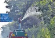  ?? HT PHOTO ?? A PWD worker sprays water on trees in New Delhi.