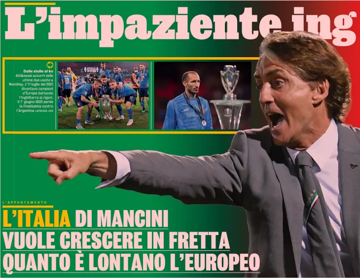  ?? LAPRESSE-EPA ?? Dalle stelle al ko Alti&bassi azzurri nelle ultime due uscite a Wembley. L’11 luglio del 2021 diventano campioni d’Europa battendo l’Inghilterr­a ai rigori. Il 1° giugno 2022 perde la Finalissim­a contro l’Argentina