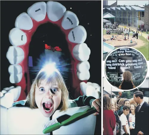  ?? MAIN PICTURE: SIMON HULME ?? BRUSH WITH SCIENCE: Above, Eleanor Wilson, then five, learns about baby teeth at Eureka! in 2013; right from top, children having fun outside the Eureka! museum; opening of the All About Me Gallery in 2013; Prince Charles opens Eureka! The Children’s...