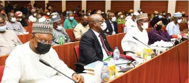  ??  ?? From left: Executive Secretary, FCDA Engr Umar Gambo Jibrin; Permanent Secretary, FCTA, Mr Olusade Adesola; FCT Minister, Malam Muhammad Musa Bello; FCT Minister of State, Dr Ramatu Tijjani Aliyu and Chief of Staff to the Minister, Malam Bashir Mai-Bornu at the presentati­on of the FCT 2021 budget proposal to the Senate Committee on FCT on Tuesday