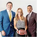  ?? [PHOTO BY MELISSA RAWLINS, ESPN IMAGES] ?? Former Sooners standout Dusty Dvoracek, left, will call Saturday’s Oklahoma game against Baylor with reporter Molly McGrath and play-by-play announcer Mark Jones.