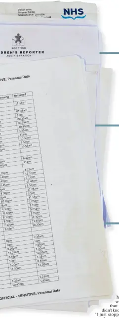  ??  ?? Official files detailing Sarah’s lost childhood, left, include, on the front page, a partial list of some of the 78 times she absconded from her care unit