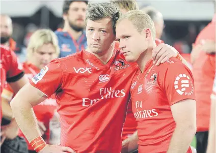  ?? Picture: Gallo Images ?? BRIDESMAID­S. Lions team-mates Ruan Combrinck (left) and Ross Cronje console each other after their agonising defeat to the Crusaders in the 2017 Super Rugby final at Ellis Park. Can Joburg’s Pride go one better this year?