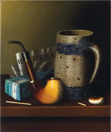  ??  ?? William Michael Harnett (1848-1892), Still Life with Mug, Pipe, Tobacco, and New York Herald, 1878. Oil on canvas, 12¼ x 10¼ in. Collection of Alvin Snowiss.