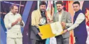  ?? PTI ?? (From right) Goa CM Pramod Sawant, Union I&B minister Anurag Thakur, veteran actor Chiranjeev­i and MOS L Murugan at the IFFI awards ceremony on Monday.