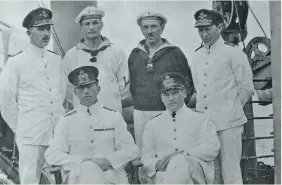  ??  ?? THE CAPTURED CREW ON THE SHIP SAILING FROM FIJI TO NEW ZEALAND (BACK: LUDEMANN, PERMIEN, ERDMANN, KRAUSE, FRONT: GRAF VON LUCKNER AND KIRCHEISS). PHOTO: MOTUIHE PROJECT