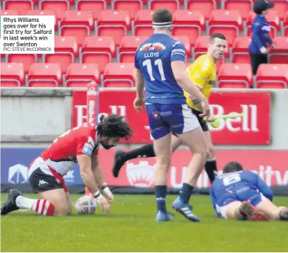  ?? PIC: STEVE McCORMICK ?? Rhys Williams goes over for his first try for Salford in last week’s win over Swinton