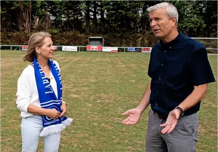  ?? ?? MP Wera Hobhouse chats with Larkhall Athletic chairman Paul Rankin and, below, outside Westminste­r spreading the word about the club