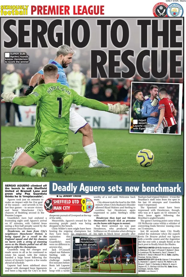  ??  ?? ■
SUPER SUB: Aguero rounds keeper Henderson to score the winner
■
JESUS DENIED: Henderson saves the penalty
■
FIGHT NIGHT: Laporte clashes with Egan