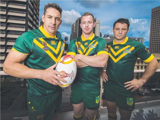  ?? CALLING FANS: Billy Slater, Michael Morgan and Cooper Cronk want Kangaroos supporters to come out in force for the World Cup final. Picture: NIGEL HALLETT ??