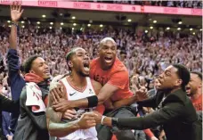  ?? FRANK GUNN/CANADIAN PRESS VIA AP ?? Kawhi Leonard celebrates after the game-winner that sent the Raptors to the Eastern Conference finals.