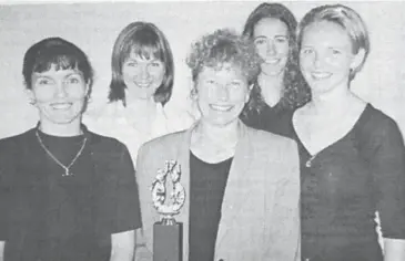  ??  ?? Throughout the 80s and 90s, Neerim South were the most dominant netball side in the region, with (from left) Vicky Ballantyne, Deb Fusinato, Jenny Muir, Lyn Moyes and Kellie Murphy accepting another EDNA A Grade title here.