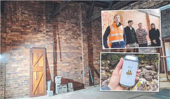  ?? Pictures: Alex Treacy ?? The future children's play space at Du Cane Brewery and Dining Hall (main); builder Adam Anstie, left, Du Cane head brewer Will Horan, co-founder Sam Reid and architect Pippa Jensen (top right); and the Hut pale ale.