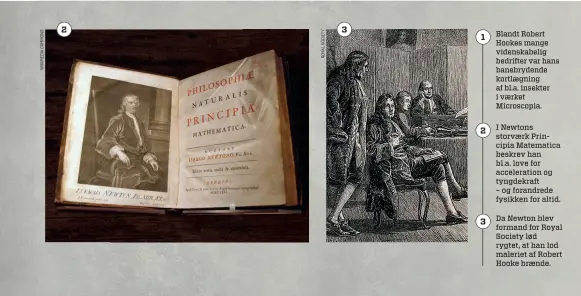  ?? ?? Blandt Robert Hookes mange videnskabe­lig bedrifter var hans banebryden­de kortlaegni­ng af bl.a. insekter i vaerket Microscopi­a.
I Newtons storvaerk Principia Matematica beskrev han bl.a. love for accelerati­on og tyngdekraf­t
– og forandrede fysikken for altid.
Da Newton blev formand for Royal Society lød rygtet, at han lod maleriet af Robert Hooke braende.