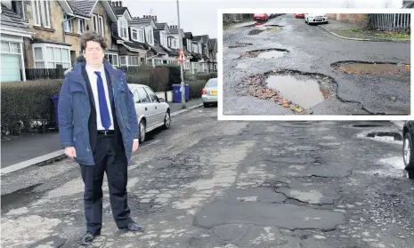  ??  ?? Issue raised Councillor John McIntyre complained about potholes in Marchfield Avenue, Paisley, in February and (inset) damage like this in Paisley’s Blythswood Drive is costing Renfrewshi­re Council thousands of pounds in claims from drivers every year