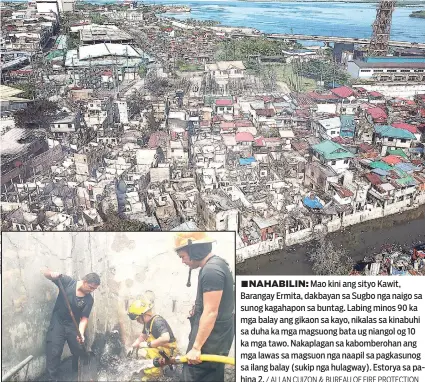  ?? / ALLAN CUIZON & BUREAU OF FIRE PROTECTION ?? ■NAHABILIN: Mao kini ang sityo Kawit, Barangay Ermita, dakbayan sa Sugbo nga naigo sa sunog kagahapon sa buntag. Labing minos 90 ka mga balay ang gikaon sa kayo, nikalas sa kinabuhi sa duha ka mga magsuong bata ug niangol og 10 ka mga tawo. Nakaplagan...